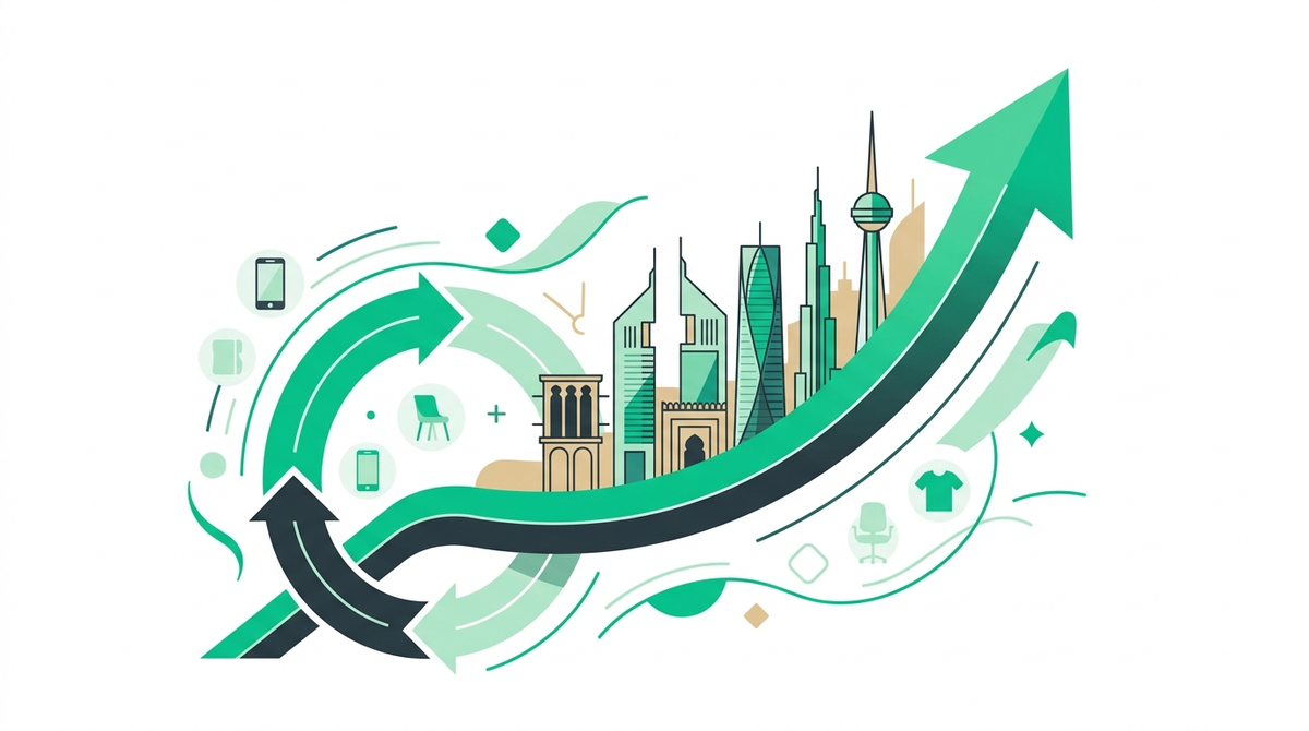 Illustration of the Dubai skyline with a growth chart and Relio's circular reuse-loop motif