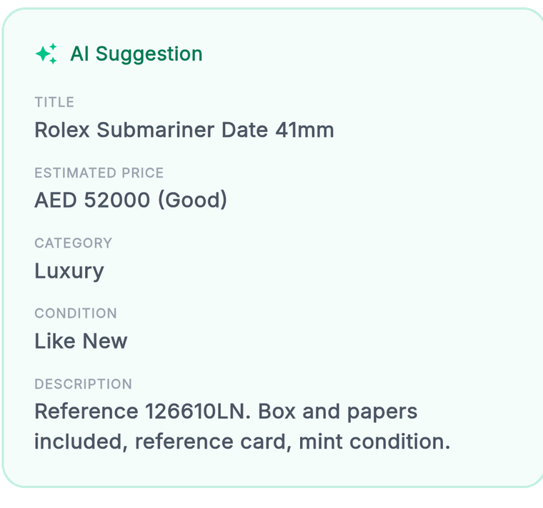 Relio's AI Suggestion card, fully populated with title, estimated price, category, condition, and description