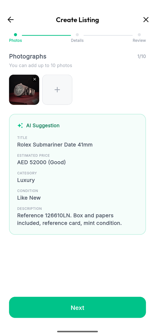 Relio's AI Suggestion screen showing an auto-generated title, price, category, condition, and description